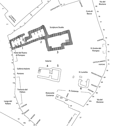 Fig. 3. Map of cellar rooms in the Theater of Pompey at Largo del Pallaro, 5–6. The small numbers in the street are addresses; the larger numbers indicate cellar rooms (drawing modified from D. Silenzi; courtesy University of London).