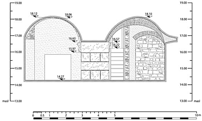 Fig. 7. Largo del Pallaro, 5–6, interior of the arcade between Rooms 1/3 and 2/4, a section of the west wall of the aditus maximus (drawing by D. Silenzi; courtesy University of London).
