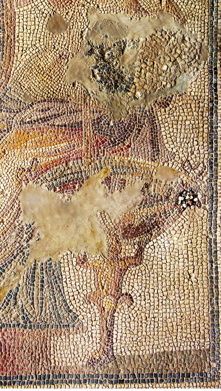 Fig. 3. Eutychia mosaic, detail of repairs to vessel in left hand, basin, and support figure (N. Anastasatou and B. Robinson; courtesy American School of Classical Studies, Corinth Excavations) (= fig. 8 in published article).