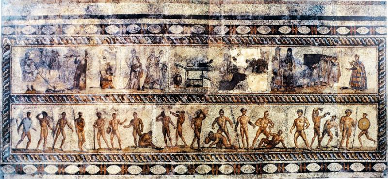 Fig. 4. Mosaic pavement, showing musical and athletic contests, late second or early third century C.E. Patras, Archaeological Museum, inv. no. Ψ.Π.1 (courtesy Sixth Ephorate of Prehistoric Classical Antiquities) (= fig. 12 in published article).