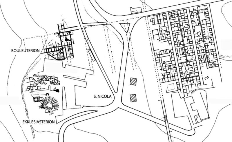 Fig. 4. Plan of the Hellenistic-Roman urban grid (at left are the sacred area of San Nicola, the ekklesiasterion, and the bouleuterion) (adapted from De Miro 1994, fig. 3).
