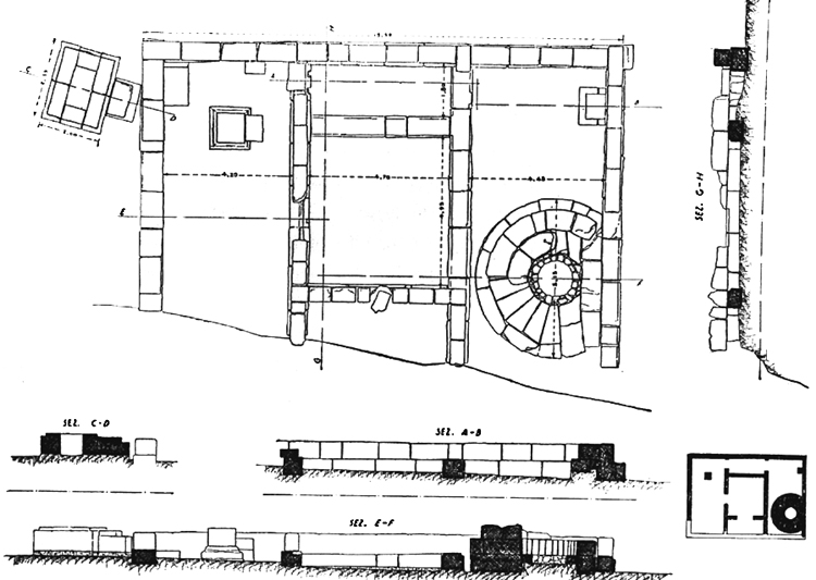 Fig. 9. Plan of Temenos 1, Sanctuary of the Chthonic Divinities. The temenos had a first phase with an open-air altar that was later incorporated into the enclosure. On the eastern sides of both Temene 1 and 2, a room was added, probably at the beginning of the fourth century B.C.E. (Marconi 1933, fig. 6).