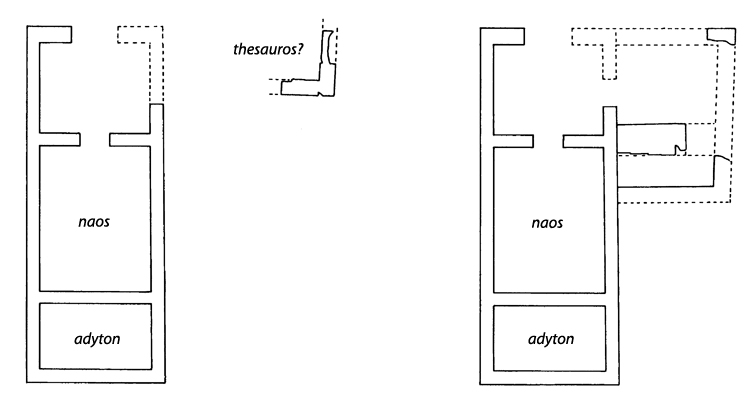 Fig. 16. Plans and development of the small temple at Gate V during the middle and the end of the sixth century B.C.E. (modified from De Miro 2000, fig. 14).