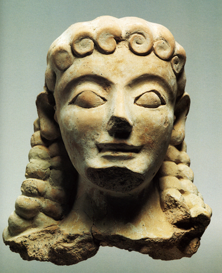 Fig. 24. Sphinx terracotta head (middle of the sixth century B.C.E.). Agrigento, Museo Archeologico Regionale, inv. no. AG 1316 (De Miro 1994, fig. 27) (= fig. 8 in published article).