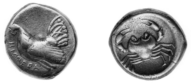 Fig. 37. Didrachm of Akragantine type from Himera, with a rooster on the obverse and a crab on the reverse. After 483/2 B.C.E. and the Emmenid establishment of power at Himera, the coins of Himera adopted the Akragantine crab type on the reverse (after Pugliese Carratelli 1985, fig. 58).