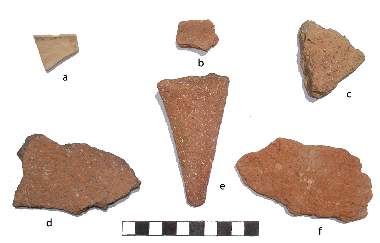 Fig. 3. Pottery collected in Shore House and on platform: a, Late Minoan IB cup; b, cookpot rim; c, d, pithos; e, cookpot leg; f, pithos.