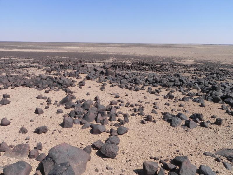 Fig. 14. Chalcolithic/Early Bronze Age I campsite with remains of pen structures in Marrab al-Khidari (site XII-9) at the northeastern border of the basalt desert (B. Müller-Neuhof).