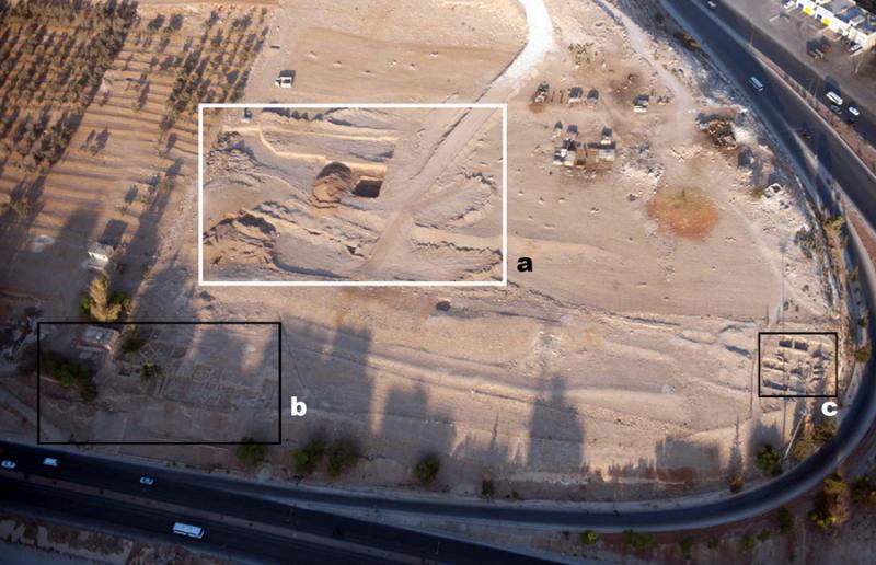 Fig. 29. Aerial view of the western part of 'Ain Ghazal: a, the area bulldozed in July 2011; b, the Central Field, excavated in 1982–1996; c, the North Field, excavated 1993–1996 (D. Kennedy; © Aerial Photographic Archive for Archaeology in the Middle East).