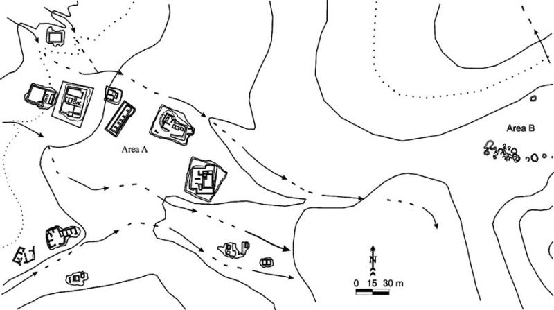Fig. 82. GPS-generated sketch map of Mughra, a Wadi Yutm Archaeological Survey site. Main site area is Area A; the cemetery is Area B (J. Scott).