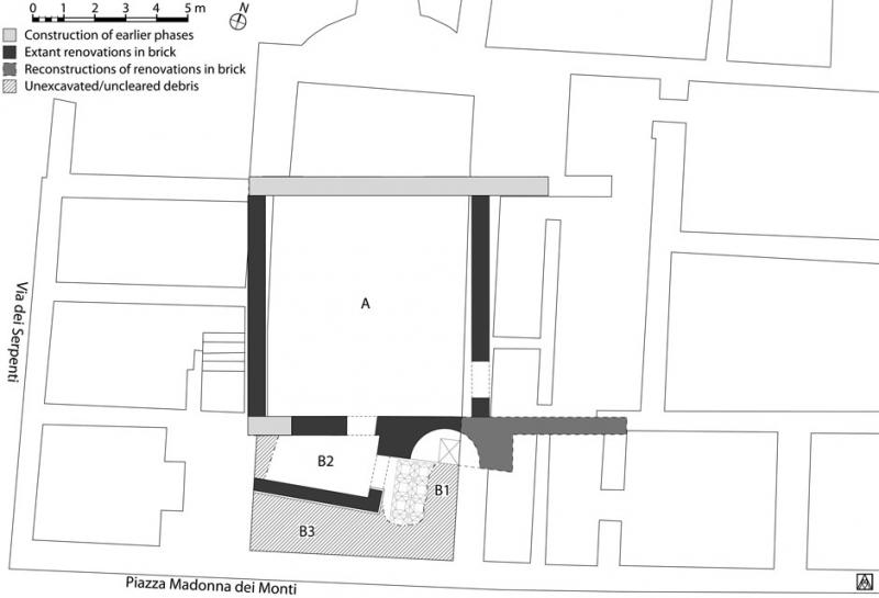 Fig. 2. Plan of the house below Santi Sergio e Bacco, showing second phase of imperial renovations in which Rooms B2 and B3 were created within the former space of Room B1 by the addition of an east–west wall and doorway.