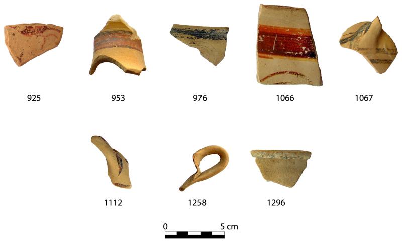 Fig. 3. Finds from the interior of Room B1 of the Extension B1/B2/B3 in the Megaron B complex. The sherd numbers correspond to catalogue numbers in Cosmopoulos (forthcoming).