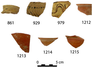 Fig. 9. Finds from the interior corner of Walls 4 and 4c to the south of the Peisistrateian Telesterion. The sherd numbers correspond to catalogue numbers in Cosmopoulos (forthcoming).