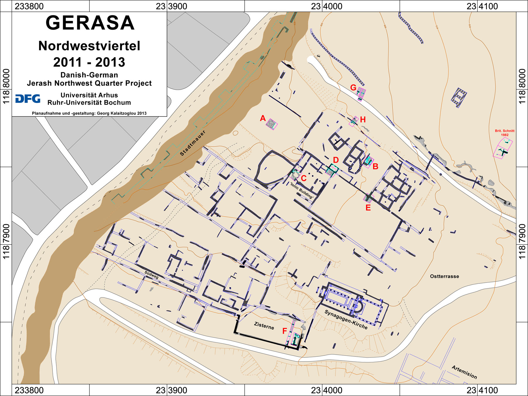 Fig. 8. Survey plan of the northwest quarter of Jarash, with trenches (A–H) marked (courtesy Jarash Northwest Quarter Project).