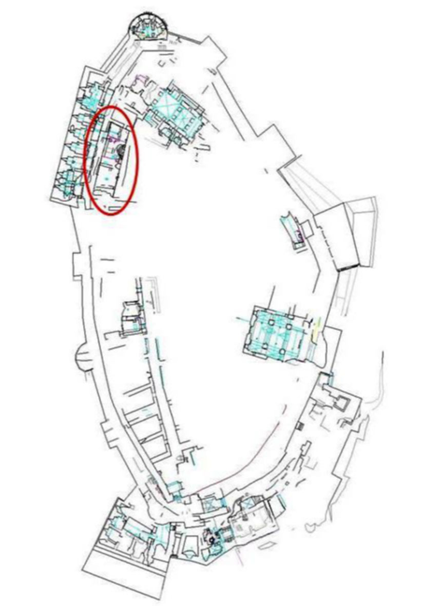 Fig. 13. Plan of Shawbak castle site, with Area 35000 circled (courtesy Medieval Petra Project).