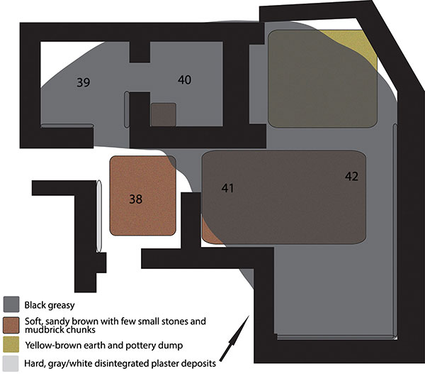 Fig. 13. Plan of Rooms 38–40, Porch 41, and Court 42, showing relative distribution of reuse deposits.