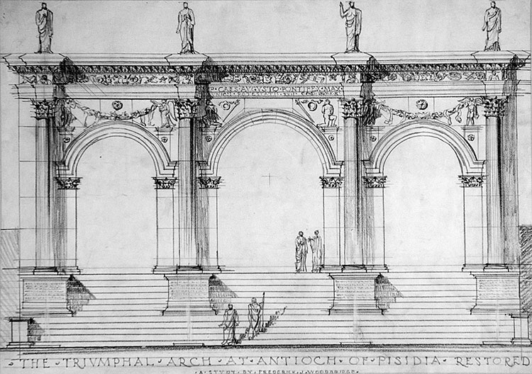 Fig. 1. Preliminary restored elevation of the Arch of Augustus in Antioch, by Frederick J. Woodbridge, drawn ca. 1924 (F.J. Woodbridge, “The Triumphal Arch at Antioch of Pisidia Restored,” 1924, no. AAR 2447, Pisidian Antioch excavation archive, Kelsey Museum of Archaeology, University of Michigan; courtesy Kelsey Museum of Archaeology).