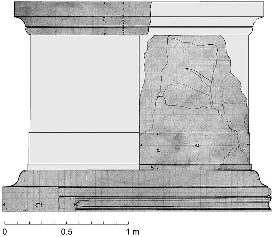 Fig. 2. Woodbridge’s elevations of a large pedestal base, orthostat, and possible cap from the Arch of Augustus in Antioch, combined and restored by the author (after Woodbridge 1924, 68, 70; Colby and Woodbridge 1924, 35).