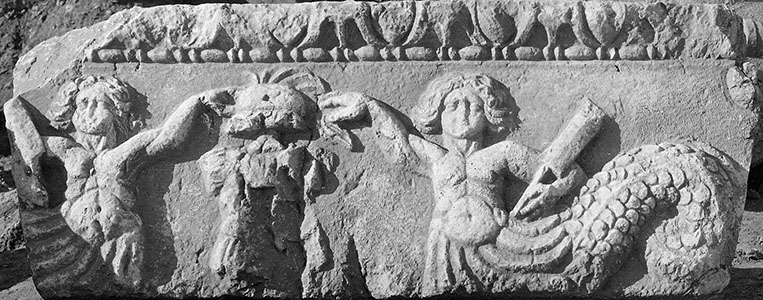 Fig. 9. Frieze block from the Arch of Hadrian and Sabina with relief depicting Tritons flanking a trophy (G.R. Swain, archive photograph, 1924, no. 5.0232, Pisidian Antioch excavation archive, Kelsey Museum of Archaeology, University of Michigan; courtesy Kelsey Museum of Archaeology).