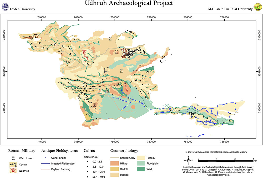 Fig. 25. Map of the Udhruh Archaeological Project research area, with recorded sites and features highlighted.