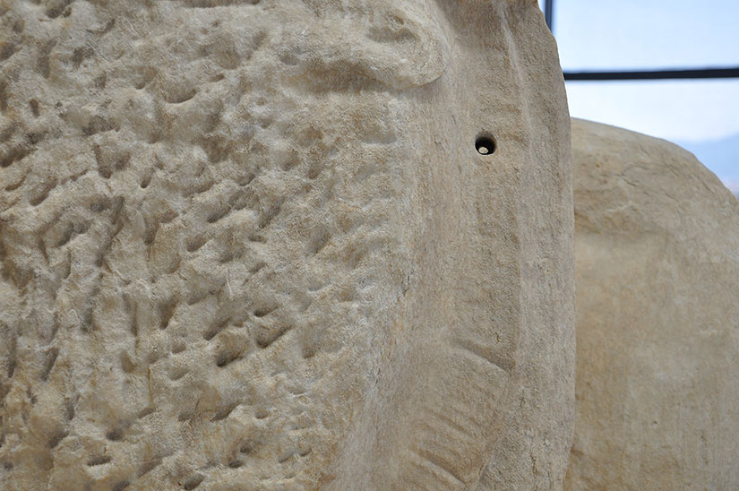 Fig. 4. East pediment C, detail of hole drilled through the mane of Helios’ inner trace horse. Athens, Acropolis Museum.
