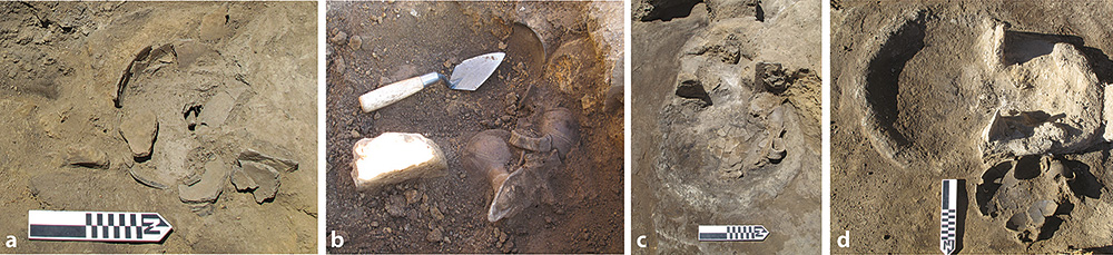 Fig. 10. Views of NSS-7 hearth (Locus 70) during excavation, showing associated pottery: <em>a</em>, base of large red-burnished, white-painted jar (from HM25661/26017/26365) sitting on raised horseshoe-shaped portion, with upright slabs becoming visible; <em>b</em>, excavation of beak-spouted jugs (see fig. 17, w–y) between upright slabs; <em>c</em>, with fragments of red-burnished, white-painted jug (from HM26606/26607) in rimmed basin; <em>d</em>, fully exposed, with small red-burnished jug (HM26683) and red-burnished, white-painted bowl (HM26642) on floor.