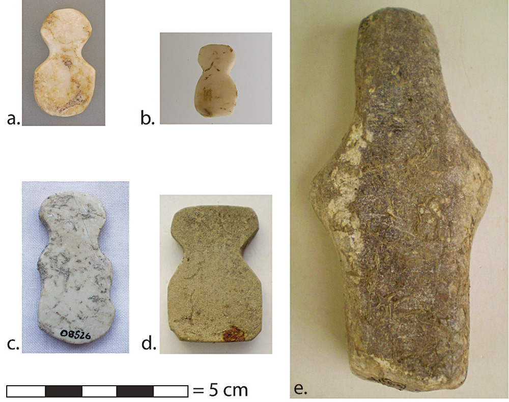 Fig. 17. EBA stone idols from later contexts: <em>a</em>, marble or limestone, HM24986, from surface; <em>b</em>, marble or alabaster, HM17236, from &ldquo;B4i10&rdquo;; <em>c</em>, marble, HM8526, from D6f8; <em>d</em>, limestone, HM17800, from &ldquo;B4i8&ndash;i9&rdquo;; <em>e</em>, limestone, HM20407, from D5j6 (<em>b</em> now in the Antalya Museum; <em>e</em> now in the Elmalı Museum).