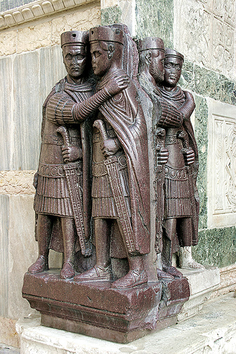 Fig. 6. Porphyry relief sculpture of the four Tetrarchs from Constantinople, ht. 1.30 m. Venice, southwest corner of St. Mark’s Basilica (N. Barbieri / CC BY-2.5, courtesy Wikimedia Commons).