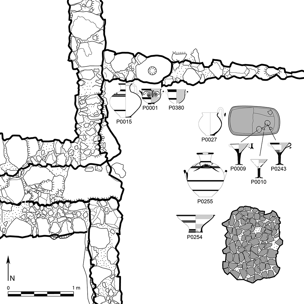 Fig. 11. Plan of Room 1 of the Northwest Complex, showing the position of select vessels, represented at twice the relative scale, in their findspots near the asaminthos (bathtub) and the rectangular sherd hearth (drawing by G. Bianco and T. Ross).