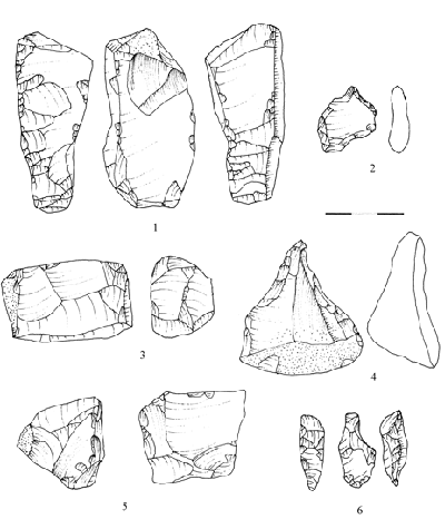 Fig. 4. Lower Paleolithic (middle levels) lithic industry from Kozarnika: a, core transformed into side scraper; b, d, f, borers; c, e, cores (drawing by S. Taneva, S. Sirakova, and I. Dimitrova).