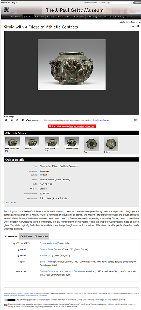 Fig. 3. Screenshot of J. Paul Getty Museum (Los Angeles) online collections record for the Situla with a Frieze of Athletic Contests (J. Paul Getty Museum 96.AC.41, acq. 1996; in private collection in Rome  by ca. 1572–1577) showing provenance history, with links to groups of objects related through provenance (J. Paul Getty Museum n.d.; screenshot © J. Paul Getty Trust, use granted under CC BY-NC license, courtesy J. Paul Getty Trust; digital image and text content depicted in screenshot under CC BY 4.0 license, courtesy of the Getty’s Open Content Program).