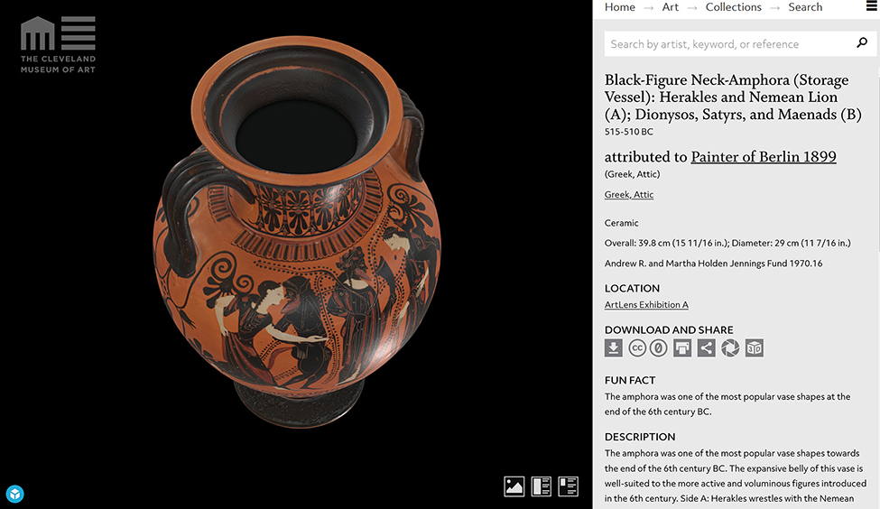 Fig. 4. Screenshot of Cleveland Museum of Art online collection record for “Black-Figure Neck-Amphora (Storage Vessel): Herakles and Nemean Lion (A); Dionysos, Satyrs, and Maenads (B)” (Cleveland Museum of Art 1970.16, acq. 1970) showing embedded digital 3D model (Cleveland Museum of Art n.d.[a]; digital 3D model under CC0 dedication: screenshot courtesy Cleveland Museum of Art).