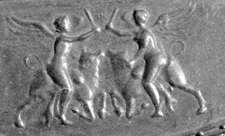 Fig. 15. Detail of bronze lining from inside of a round shield, showing Nikai slaying bulls (courtesy Tekirdağ; Museum, inv. no. 1944).