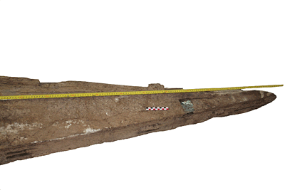 Fig. 4. The tapering end of a knife-shaped cedar plank recovered in 2006 at Mersa/Wadi Gawasis. Visible on its outer face is a through mortise that contains significant remnants of a copper alloy "strap" that would have fastened to an adjoining timber. Along each edge are several paired mortise-and-tenon joints, two of which still contain their original tenons.