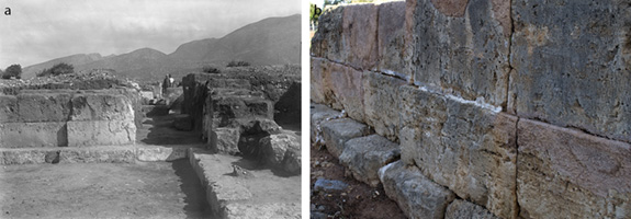 Fig. 1. Remains of plaster coating on the sandstone facade on the West Court: a, west facade of Rooms III 5 and I 7 during the excavations of the palace at the beginning of the 20th century, looking east (Pelon 1980, pl. 8.1; courtesy École française d’Athènes); b, view of plaster coating still preserved in the joints of the sandstone facade south of the West Wing (south wall of Room XX 2, looking northwest).