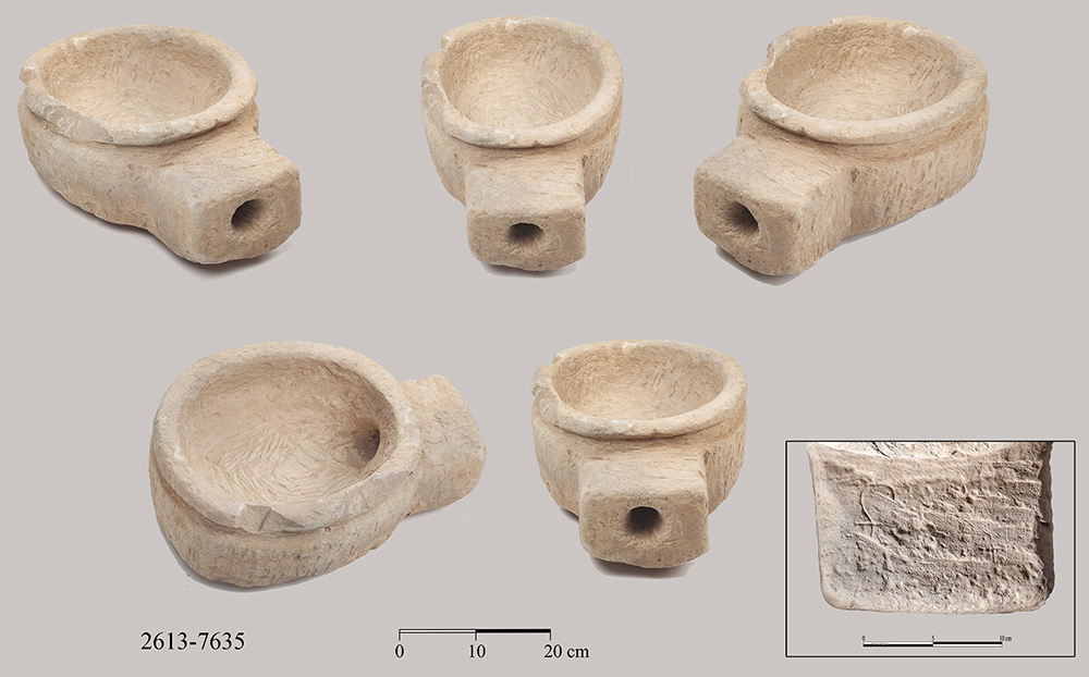 Fig. 3. Various views of the limestone pot bellow uncovered on the floor of Room C in the MB IIC fortress (by T. Rogovski).