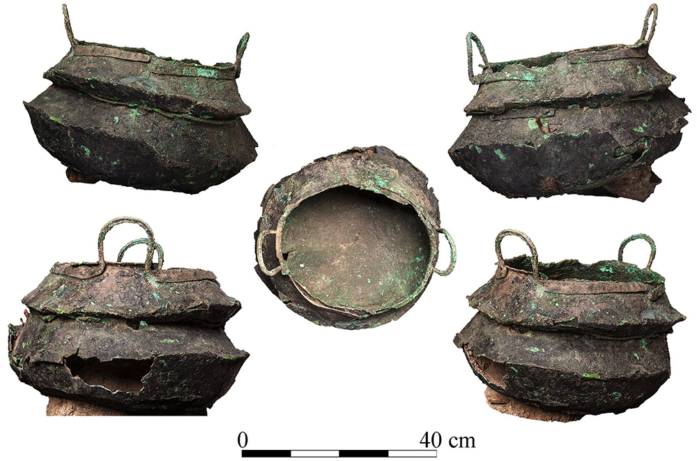 Fig. 8. Views of two large bronze cauldrons stacked one inside the other, a foundation deposit buried under the floor of the Level VI North-East Temple (T. Rogovski).