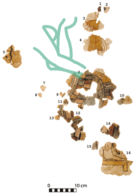 Fig. 2. Fragments adapted to Pylos fresco figure (drawing by R. Ruppert; modified from Lang 1969, pl. 121B).