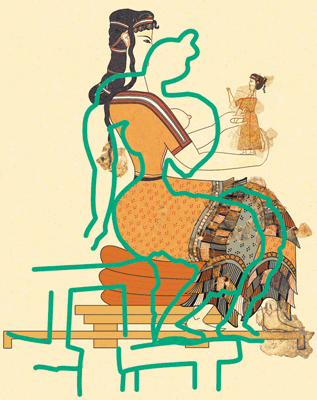 Fig. 9. Reconstruction of goddess with outline of Chania sealing figure (drawing by R. Ruppert).