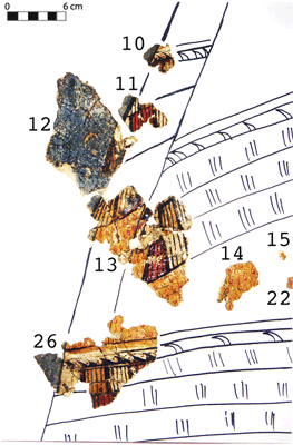 Fig. 17. Detail of skirt, Fragments 10–14, 26; preliminary drawing and arrangement by the author (K. May; courtesy INSTAP-SCEC).