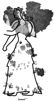 Fig. 19. ragments adapted to outline of Striding Lady from Thera (drawing by R. Ruppert; modified from Doumas 1992, pl. 6).