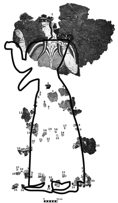 Fig. 20. Fragments adapted to outline of figure from the Cult Center at Mycenae (drawing by R. Ruppert; modified from French 1981, fig. 12).