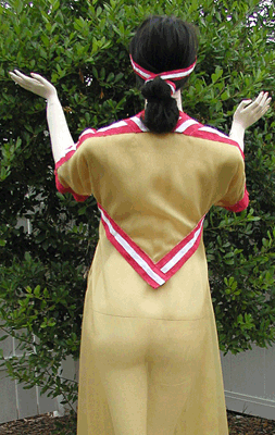 Fig. 27c. Experimental replication by the author of the blouse and dress (heanos) of the Mykenaia based on reconstruction B, back view.