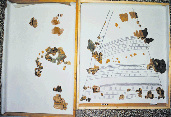 Fig. 29. Preliminary drawing and arrangement by the author, to scale, of fragments: left, goddess; right, skirt of the Mykenaia (K. May; courtesy INSTAP-SCEC)