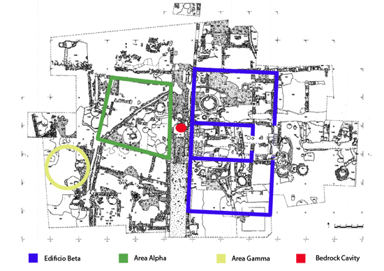 Fig. 2. Area Sacra/Monumental Complex, showing Edificio Beta, Area Alpha, Area Gamma, and the location of the bedrock cavity (Pian di Civita) (Tarquinia Project).