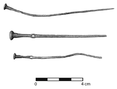 Fig. 2. Silver toggle pins, Tomb 4 upper level: top, UMM04 M-017; middle, UMMO4 M-013; bottom, UMM04 M-018.