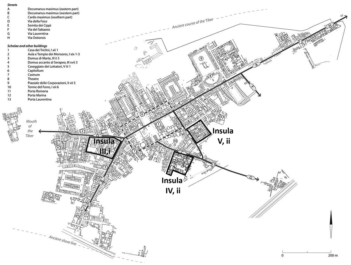 <strong>Figure 1:</strong> Insulae examined in this study (Locicero 2020, fig. 0.1, after H. Stöger, <em>Rethinking Ostia: A Spatial Enquiry into the Urban Society of Rome’s Imperial Port-town</em>, Leiden University Press 2011, v).